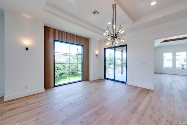 Empty room, Interior, Pendant Lights, Recessed Lighting, Wood Texture Flooring