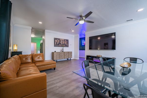 Dining room, Interior, Living room, Recessed Lighting, Wood Texture Flooring