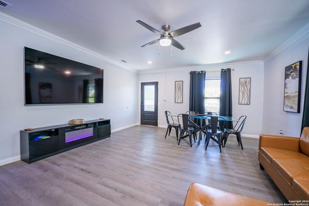 Dining room, Interior, Recessed Lighting, Wood Texture Flooring