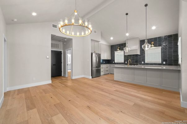 Chandelier, Interior, Kitchen, Pendant Lights, Recessed Lighting, Stainless Steel Appliances, Wood Texture Flooring