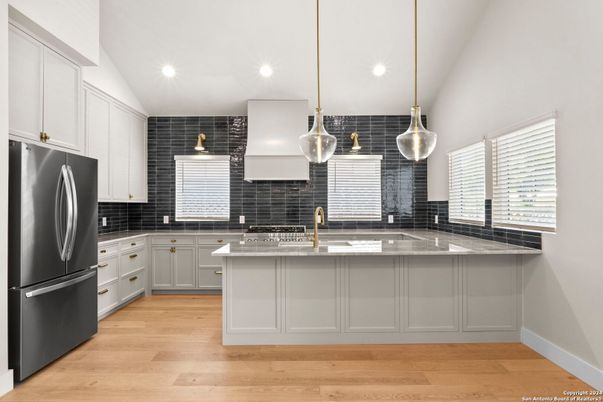 Interior, Kitchen, Pendant Lights, Recessed Lighting, Wood Texture Flooring
