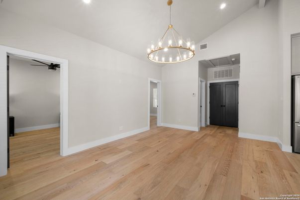 Empty room, Interior, Pendant Lights, Recessed Lighting, Wood Texture Flooring
