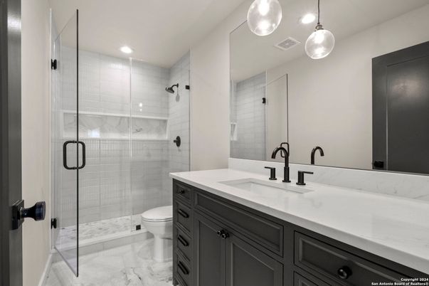 Bathroom, Glass Shower, Interior, Marble, Pendant Lights, Recessed Lighting