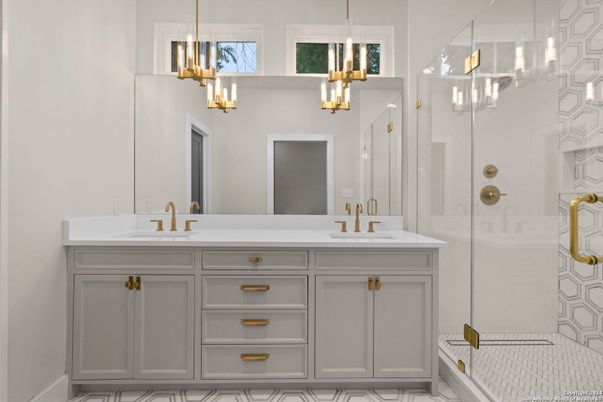 Bathroom, Dual Sink Vanities, Glass Shower, Interior, Marble, Pendant Lights
