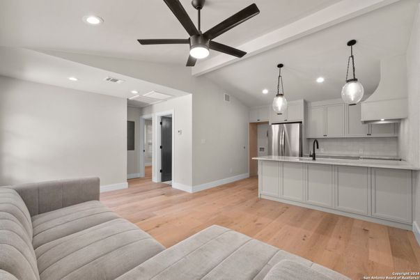 Interior, Kitchen, Pendant Lights, Recessed Lighting, Stainless Steel Appliances, Wood Texture Flooring