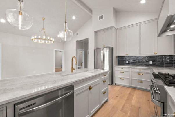 Interior, Kitchen, Pendant Lights, Recessed Lighting, Stainless Steel Appliances, Wood Texture Flooring