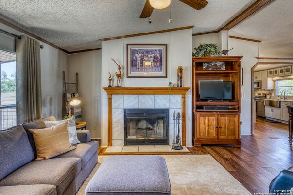 Fireplace, Interior, Kitchen, Living room, Wood Texture Flooring