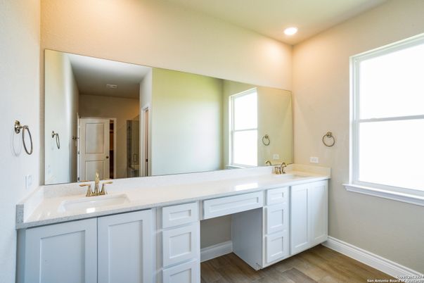 Bathroom, Dual Sink Vanities, Interior, Recessed Lighting, Wood Texture Flooring