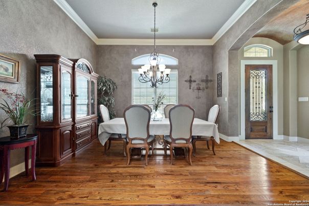 Chandelier, Dining room, Interior, Wood Texture Flooring
