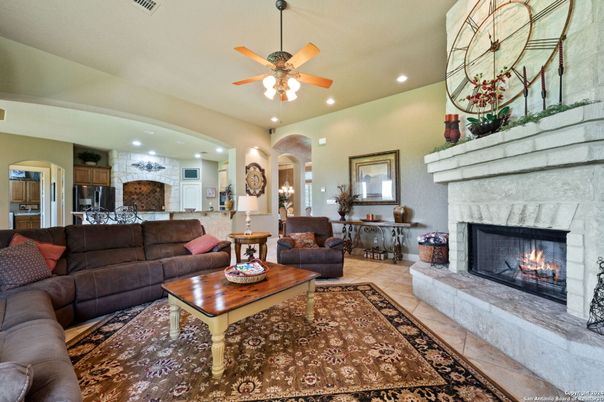 Fireplace, Interior, Kitchen, Living room, Recessed Lighting, Stainless Steel Appliances