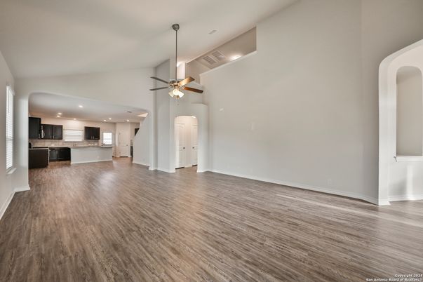 Empty room, Interior, Kitchen, Pendant Lights, Recessed Lighting, Wood Texture Flooring