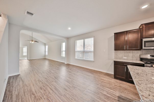 Empty room, Interior, Kitchen, Recessed Lighting, Wood Texture Flooring