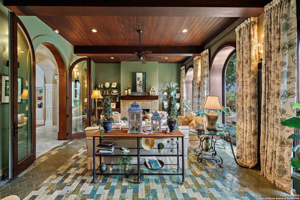 Fireplace, Interior, Recessed Lighting, Wooden Ceilings