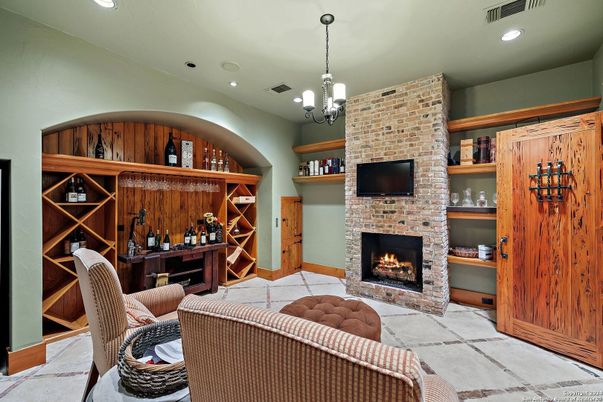 Fireplace, Interior, Pendant Lights, Recessed Lighting, Stone Walls