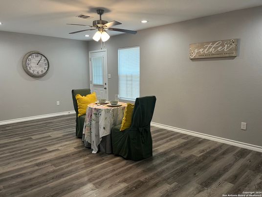 Dining room, Interior, Recessed Lighting, Wood Texture Flooring