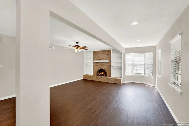 Empty room, Fireplace, Interior, Recessed Lighting, Wood Texture Flooring