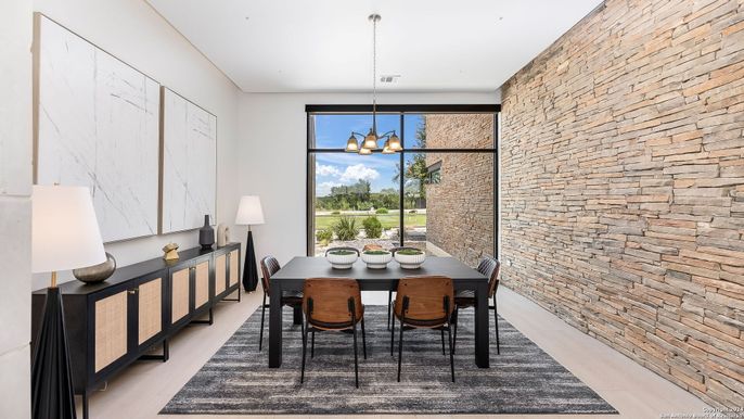 Dining room, Interior, Pendant Lights, Stone Walls, Wood Texture Flooring