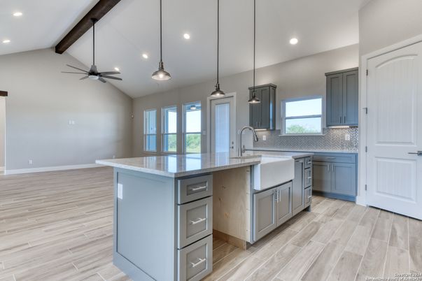 Interior, Kitchen, Pendant Lights, Recessed Lighting, Wooden Beams, Wood Texture Flooring