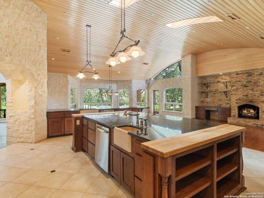 Dining room, Fireplace, Interior, Kitchen, Living room, Pendant Lights, Recessed Lighting, Stone Walls, Wooden Ceilings