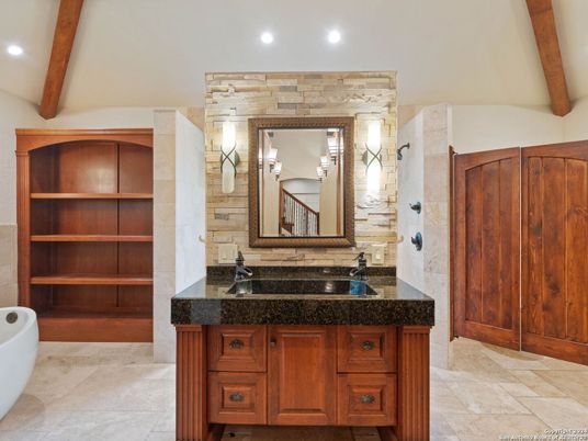 Bathroom, Dual Sink Vanities, Interior, Recessed Lighting, Wooden Beams