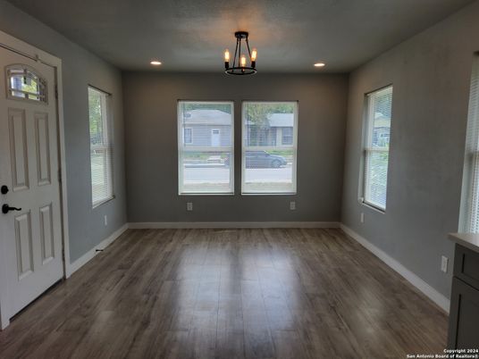 Chandelier, Empty room, Interior, Recessed Lighting, Wood Texture Flooring