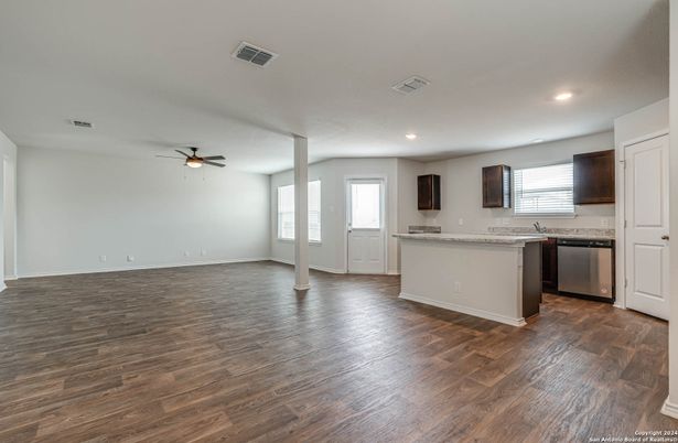 Empty room, Interior, Kitchen, Recessed Lighting, Wood Texture Flooring
