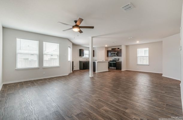 Empty room, Interior, Kitchen, Recessed Lighting, Wood Texture Flooring