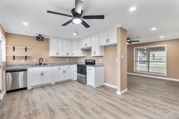 Interior, Kitchen, Recessed Lighting, Wood Texture Flooring