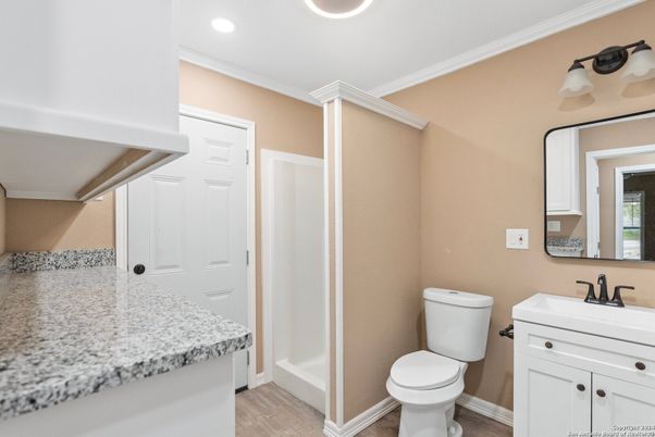 Bathroom, Interior, Recessed Lighting, Wood Texture Flooring