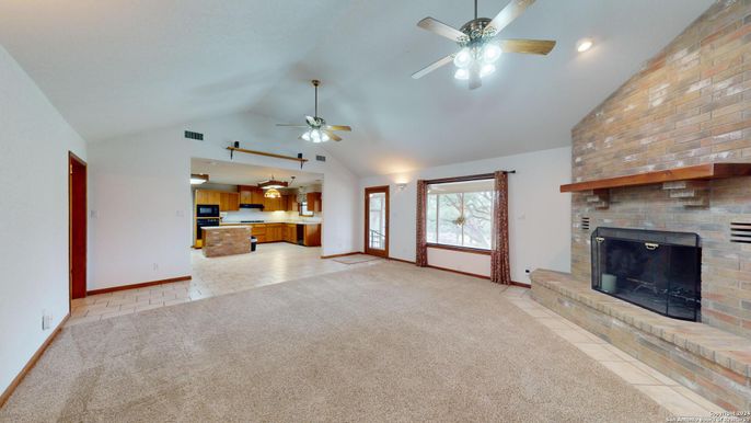 Empty room, Fireplace, Interior, Kitchen, Recessed Lighting, Stone Walls