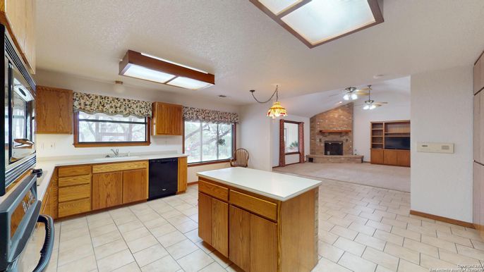 Fireplace, Interior, Kitchen, Pendant Lights, Stone Walls