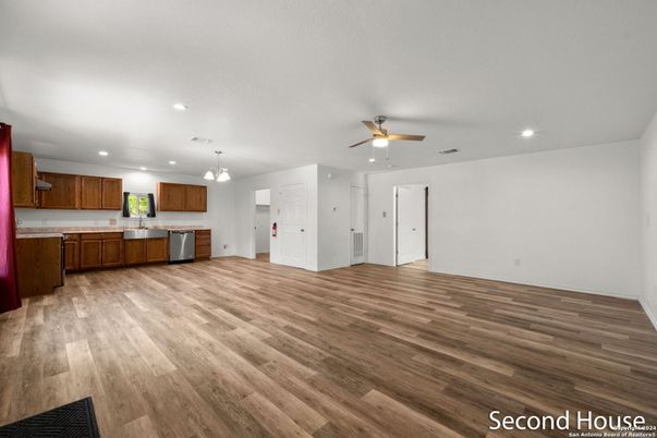 Chandelier, Interior, Kitchen, Recessed Lighting, Wood Texture Flooring