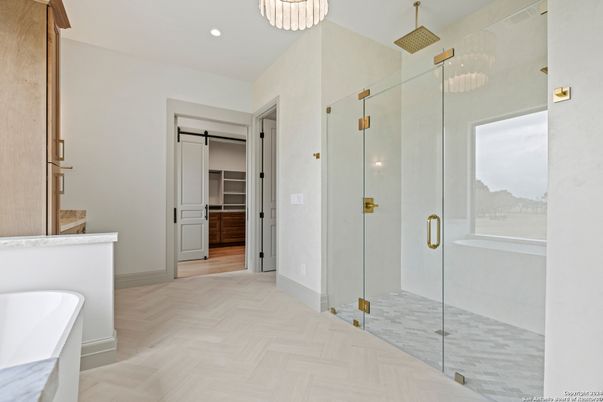 Bathroom, Glass Shower, Interior, Pendant Lights, Recessed Lighting, Wood Texture Flooring