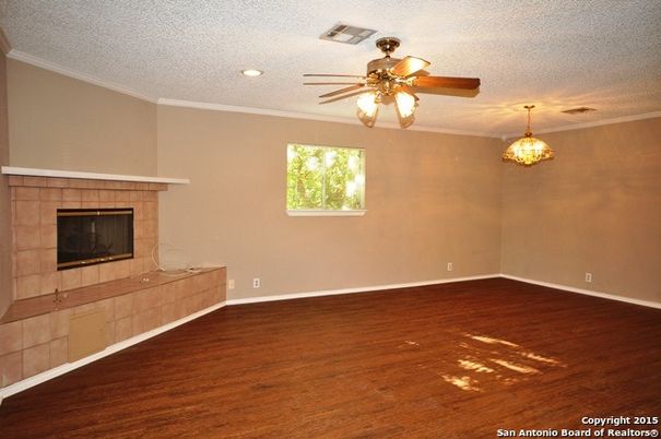 Empty room, Fireplace, Interior, Pendant Lights, Recessed Lighting, Wood Texture Flooring