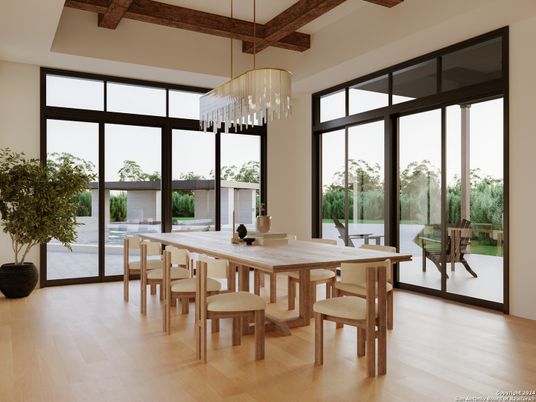 Chandelier, Dining room, Interior, Pendant Lights, Water, Wooden Beams, Wood Texture Flooring