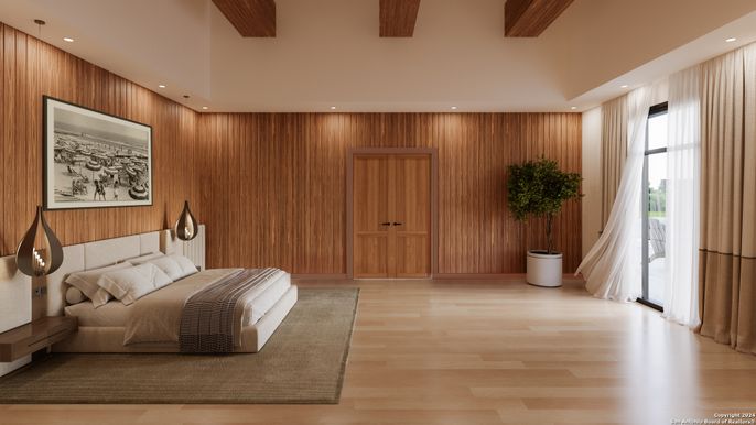 Bedroom, Interior, Recessed Lighting, Wood Texture Flooring, Wooden Walls