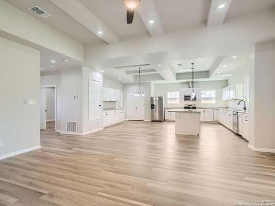 Interior, Kitchen, Pendant Lights, Recessed Lighting, Stainless Steel Appliances, Wood Texture Flooring
