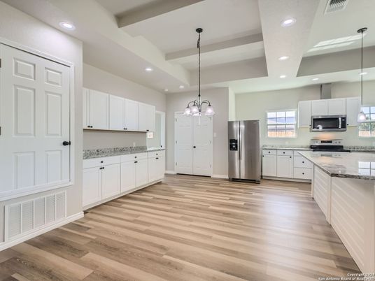 Interior, Kitchen, Pendant Lights, Recessed Lighting, Stainless Steel Appliances, Wood Texture Flooring