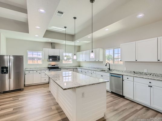 Interior, Kitchen, Pendant Lights, Recessed Lighting, Stainless Steel Appliances, Wood Texture Flooring
