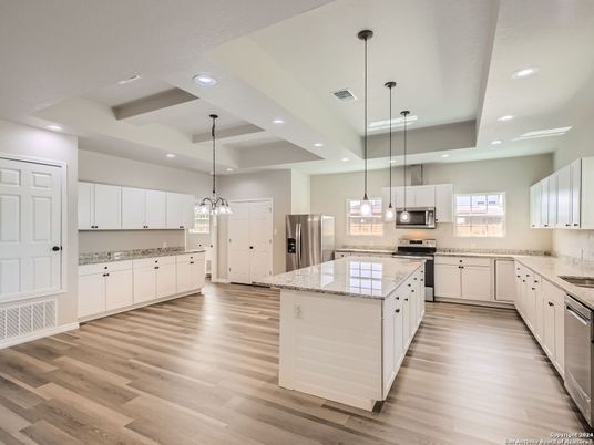 Interior, Kitchen, Pendant Lights, Recessed Lighting, Stainless Steel Appliances, Wood Texture Flooring