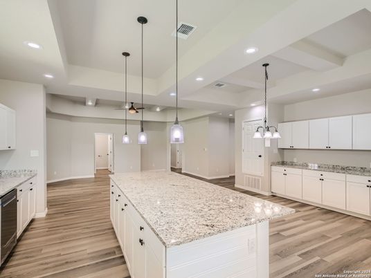 Interior, Kitchen, Pendant Lights, Recessed Lighting, Wood Texture Flooring