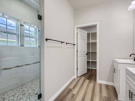 Bathroom, Glass Shower, Interior, Wood Texture Flooring