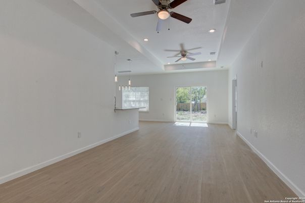 Empty room, Interior, Pendant Lights, Recessed Lighting, Wood Texture Flooring