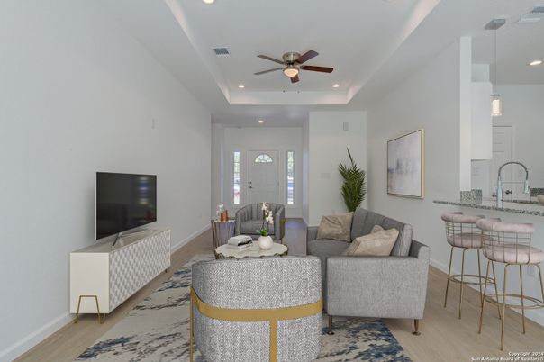 Interior, Living room, Pendant Lights, Recessed Lighting, Wood Texture Flooring