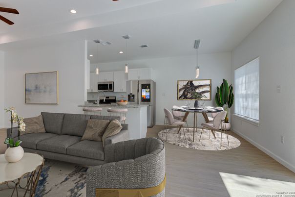 Dining room, Interior, Kitchen, Living room, Pendant Lights, Recessed Lighting, Stainless Steel Appliances, Wood Texture Flooring