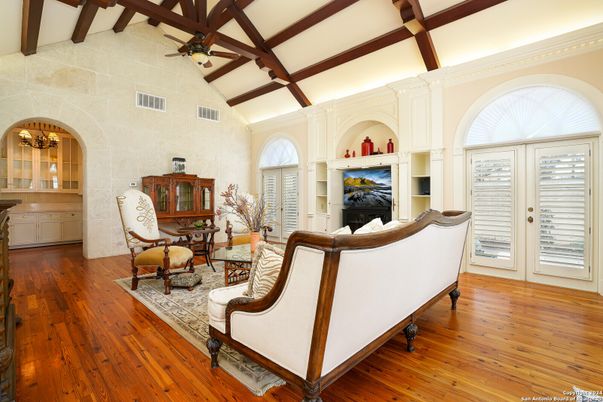 Fireplace, Interior, Living room, Stone Walls, Wooden Beams, Wood Texture Flooring