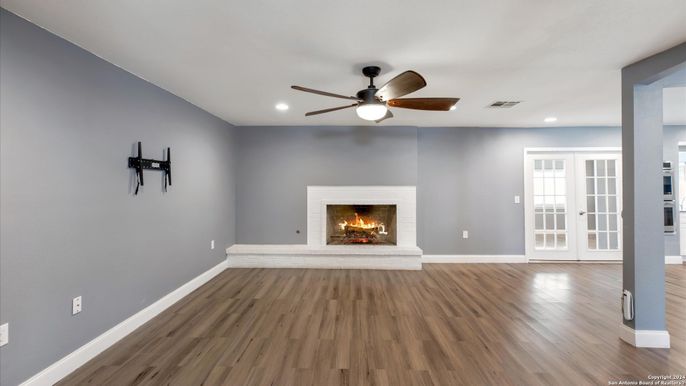 Empty room, Fireplace, Interior, Recessed Lighting, Wood Texture Flooring