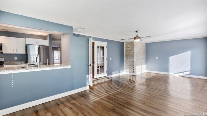 Empty room, Interior, Kitchen, Stone Walls, Wood Texture Flooring