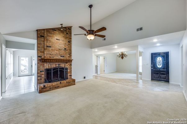 Empty room, Fireplace, Interior, Recessed Lighting, Stone Walls