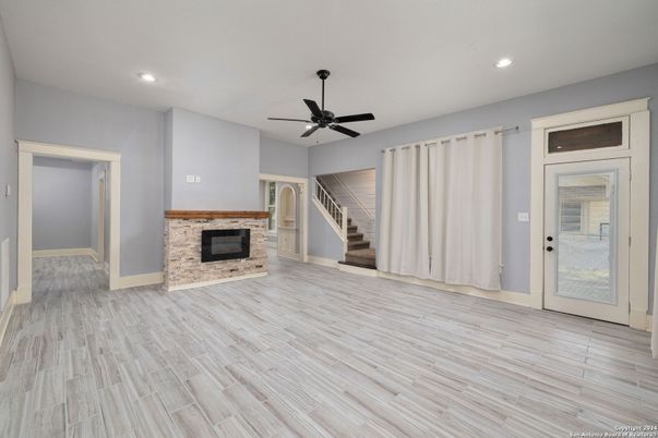 Empty room, Fireplace, Interior, Recessed Lighting, Wood Texture Flooring